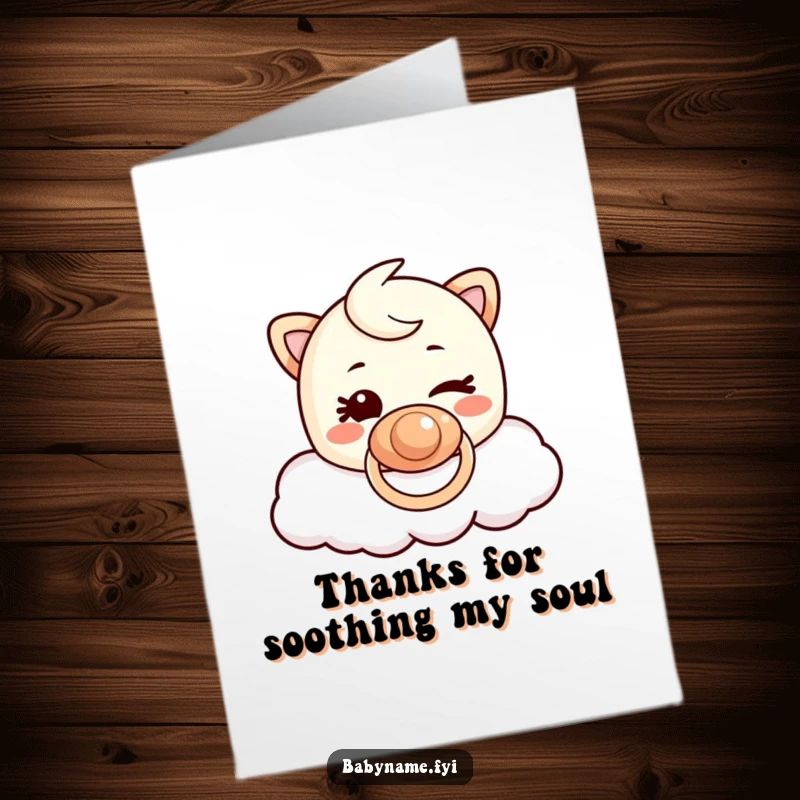 Funny Free Printable Thank You Card: A pacifier character winks mischievously while floating on a cloud, sending thanks with a playful gesture.