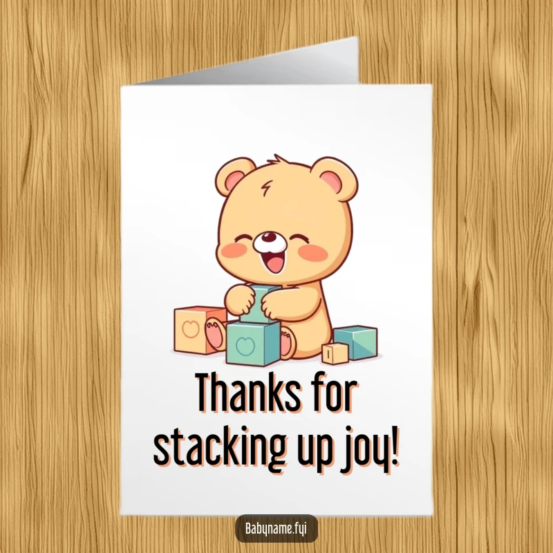 Funny Free Printable Thank You Card depicting a tiny baby bear character giggling enthusiastically while playing with toy blocks.
