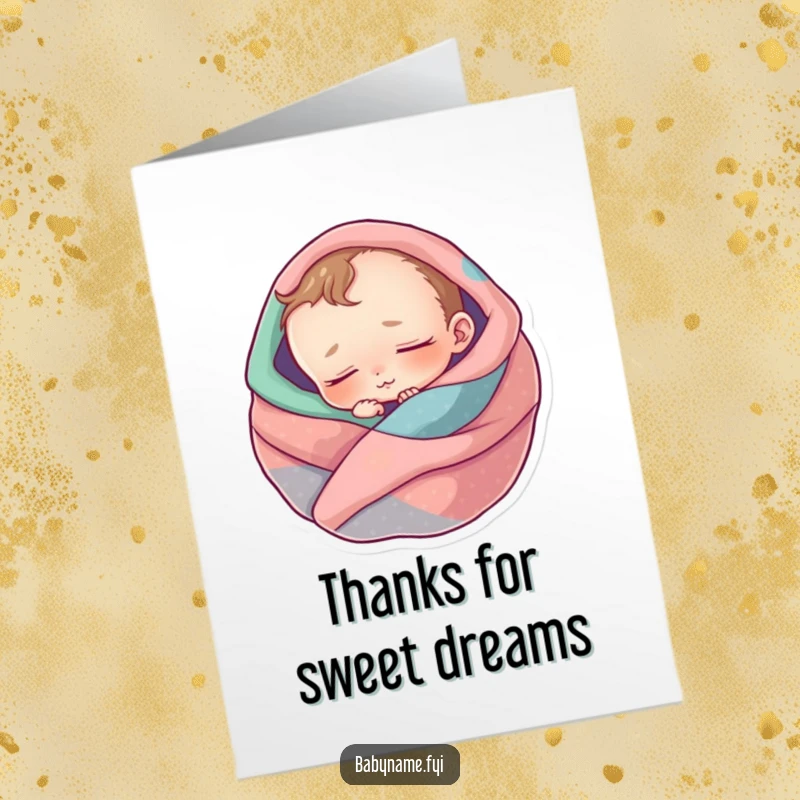 Funny Free Printable Thank You Card with a baby character fast asleep, wrapped in cozy blankets, conveying quiet thanks.