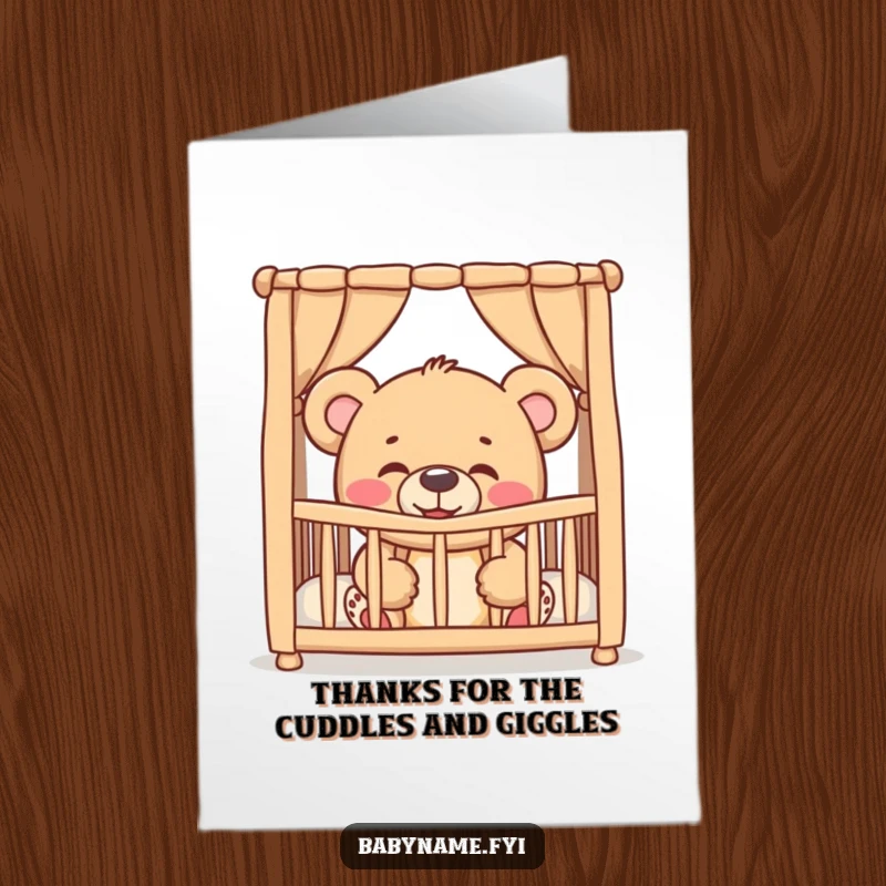 Funny Free Printable Thank You Card: A giggling teddy bear peeking from a crib, expressing thanks.
