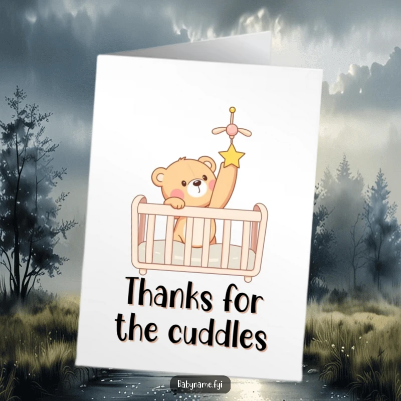 Funny Free Printable Teddy Bear Thank You Card, a cute bear reaching for a mobile, expressing thanks with joy.