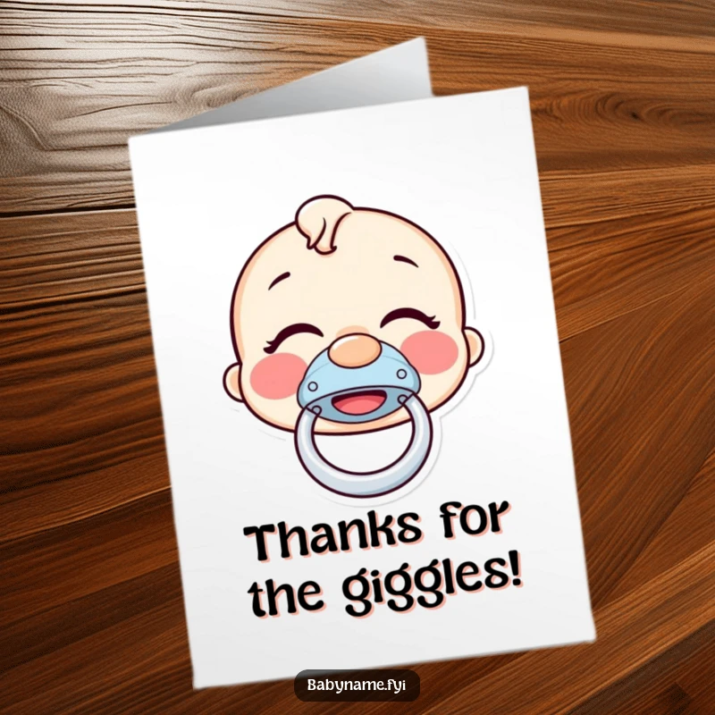 Funny Free Printable Thank You Card: A giggling pacifier bouncing joyfully, expressing heartfelt thanks. Downloadable gift.