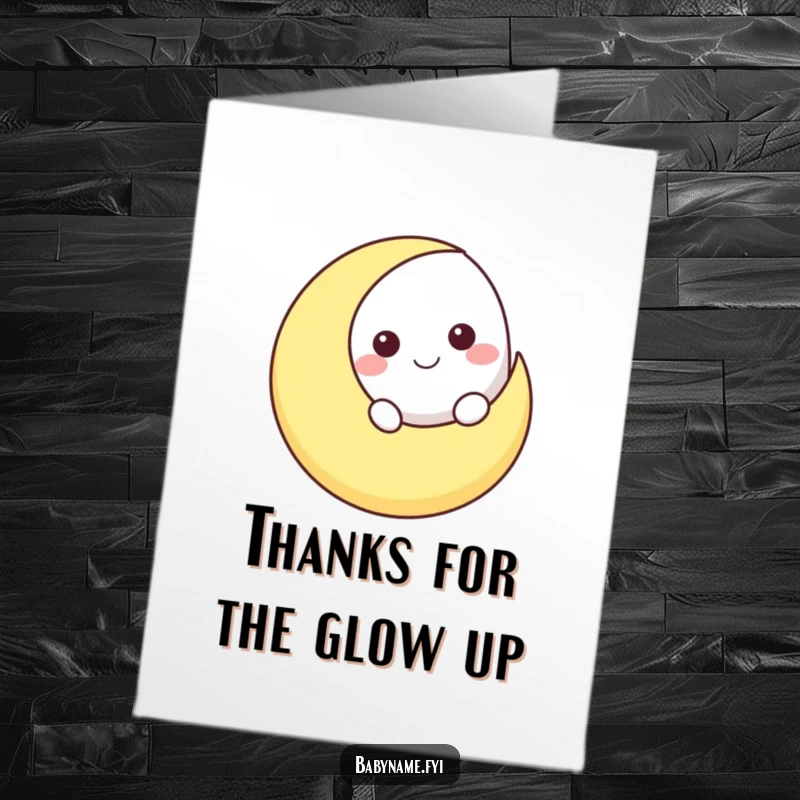 Funny Free Printable Moon Thank You Card: Smiling moon character peeking over a crescent, a peaceful gratitude DIY gift.