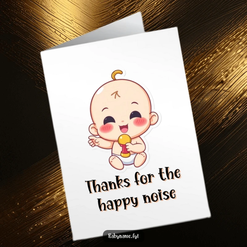 Funny Free Printable Thank You Card with a beaming baby character shaking a rattle, sending enthusiastic thanks.