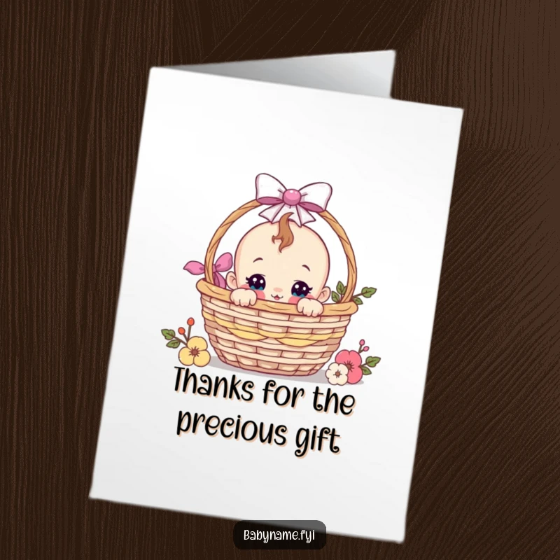 Funny Free Printable Thank You Card with a cute baby character curiously peeking from a gift basket, conveying thanks with humor.