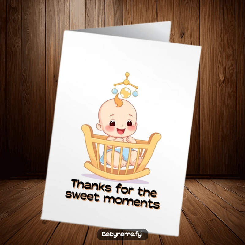 Funny Free Printable Thank You Card: A happy baby smiling while playing with a colorful mobile above their crib.