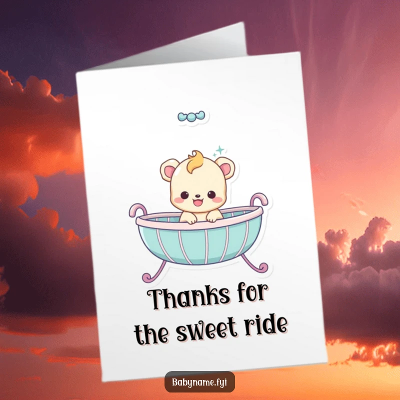 Funny Free Printable Thank You Card: A baby animal joyfully bouncing in a cradle, sending thanks.