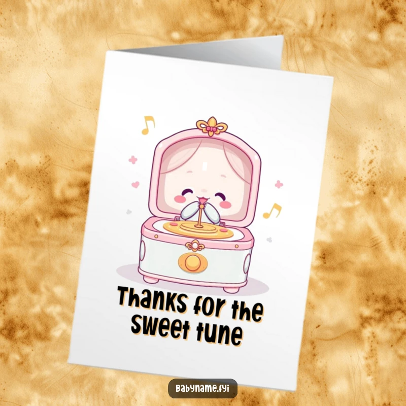 Funny Free Printable Thank You Card: A charming music box is open, emitting notes, happily playing a tune to express sincere thanks.