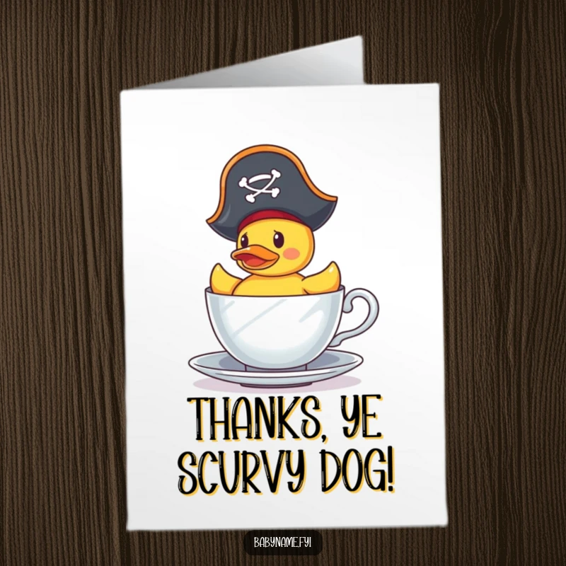 Funny Free Printable Thank You Card: A tiny pirate duck in a teacup sets sail, delivering thanks with a wink.