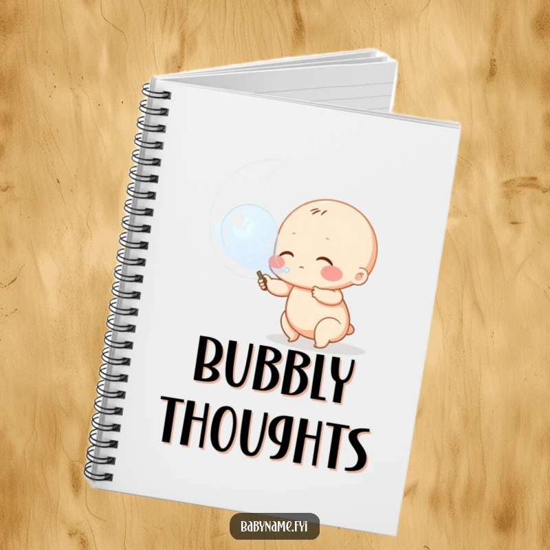 Funny baby bubble notebook, a cover depicting a chubby baby character blowing a huge bubble from a wand.