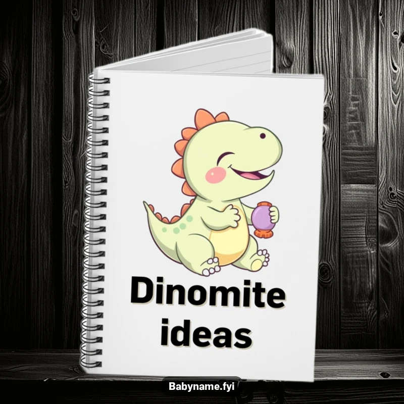 Funny Notebook featuring a giggling baby dinosaur playing with a rattle, designed for jotting down notes with prehistoric flair.