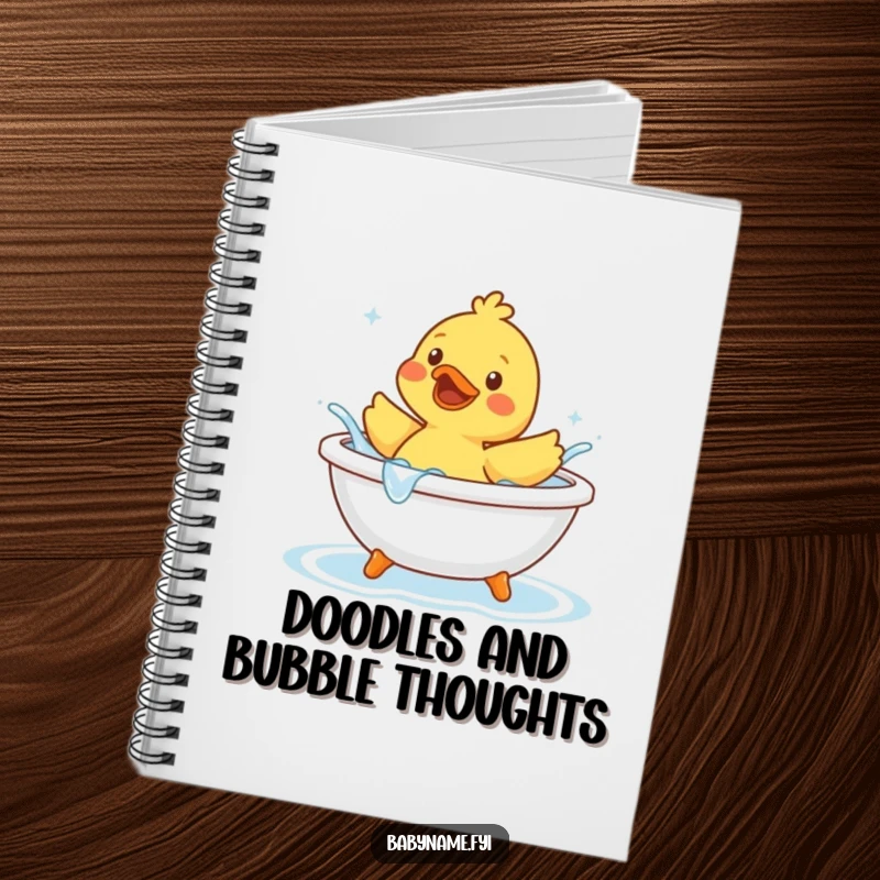 Funny rubber duck character joyfully splashing water in a tiny bathtub, illustrated on a notebook cover for notes and ideas.