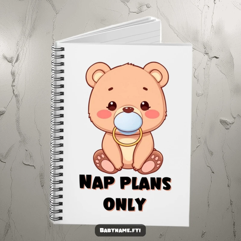Funny Notebook featuring a cute baby bear cub wearing a pacifier, designed for jotting down notes with adorable flair.