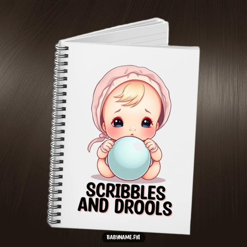 Funny baby peeking over a rattle from under a bonnet, a cute and funny notebook.