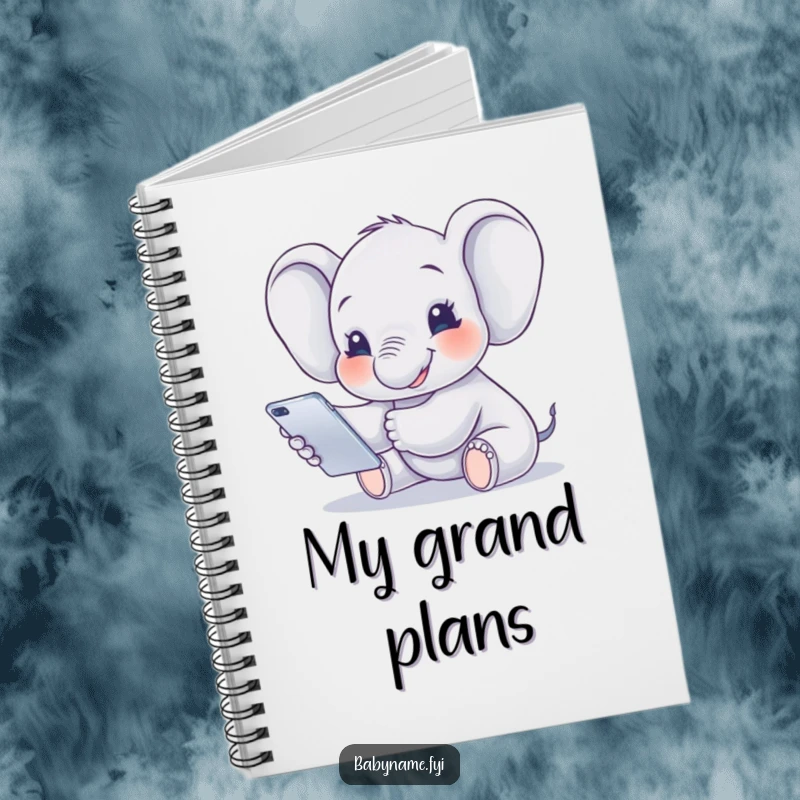 Funny Notebook featuring a smiling baby elephant reaching for a mobile, designed for jotting down notes with adorable flair.