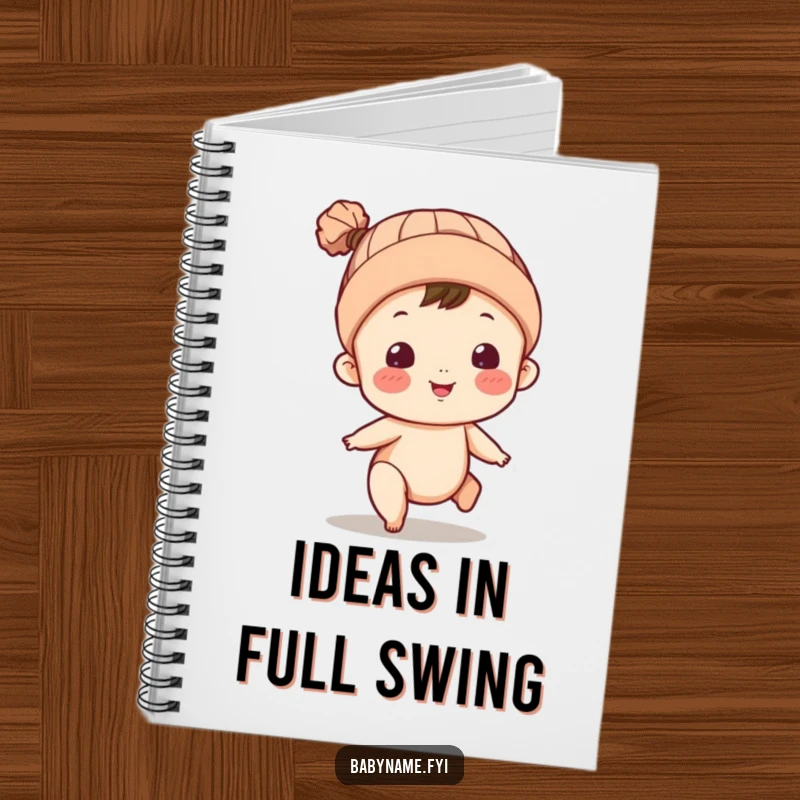 Funny notebook with a baby character in a knitted cap, kicking legs. Ideal for capturing thoughts with humor.