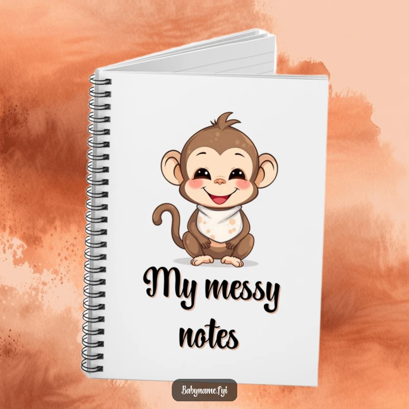 Funny smiling baby monkey with a bib, covered in playful smudges, perfect for jotting down funny thoughts in this notebook.