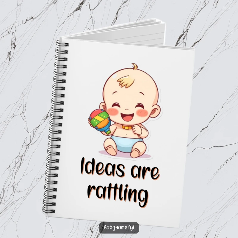 Funny notebook with a happy baby character shaking a colorful rattle. Ideal for capturing cheerful thoughts.