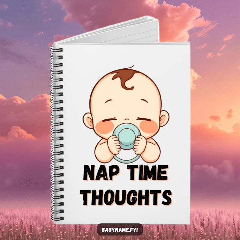 Funny notebook cover featuring a sleepy baby with rosy cheeks holding a pacifier, perfect for journaling baby’s routines.