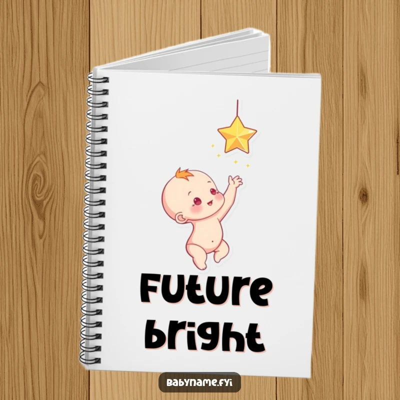 Funny baby reaching for a sparkling star, a cute and funny notebook.