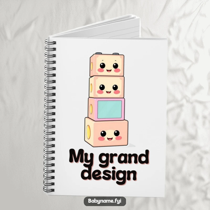 Funny building block notebook featuring a cheerful, precariously stacked block character, ideal for jotting funny notes.