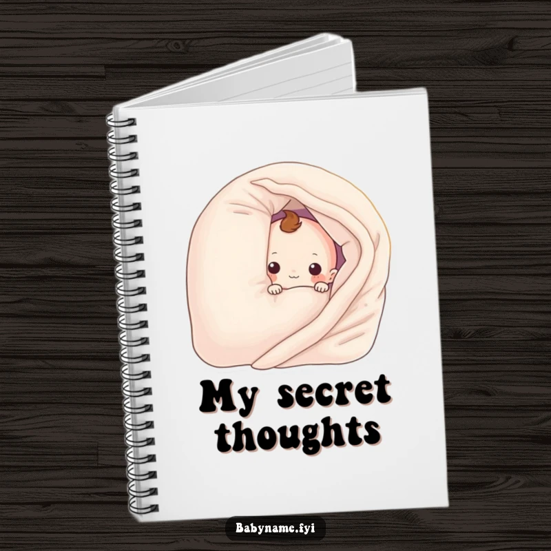 Funny baby blanket character peeking from behind a pillow, on a notebook cover. A humorous and practical journal.