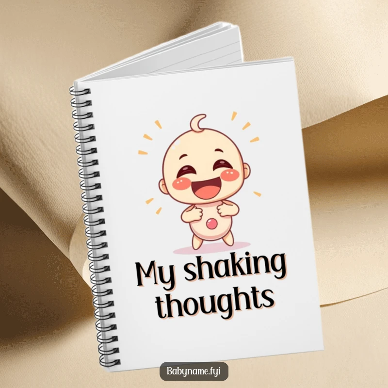 Funny baby rattle character shaking with extreme delight on a notebook cover. A humorous and practical journal.