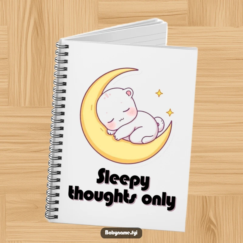 Funny notebook with a cover illustration of a sleepy baby animal character nestled in a crescent moon, ideal for journaling dreams.