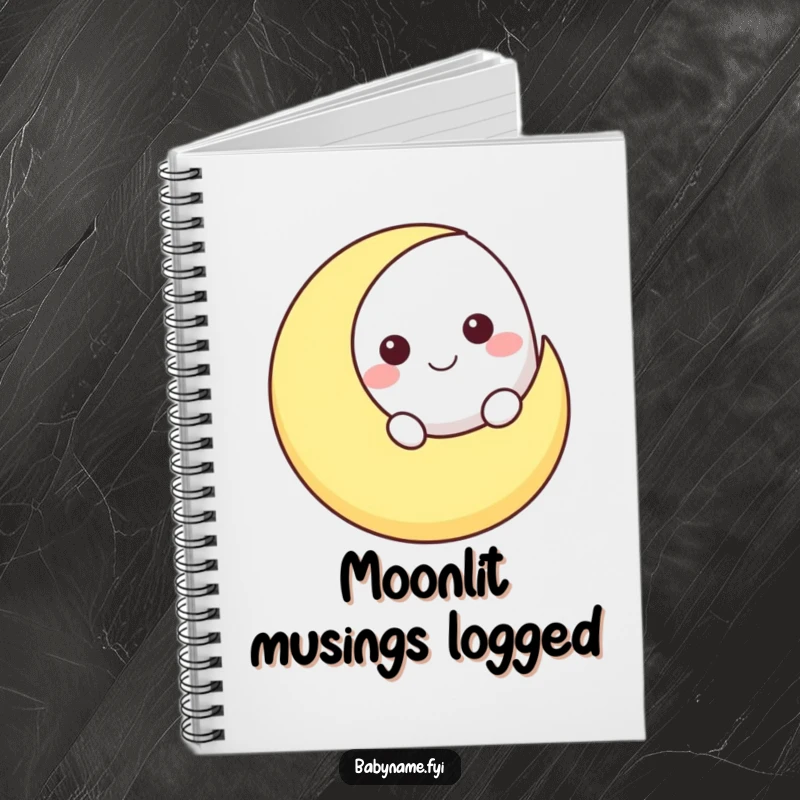 Funny smiling moon character peeking over a crescent moon shape, illustrated on a notebook cover for celestial journaling.