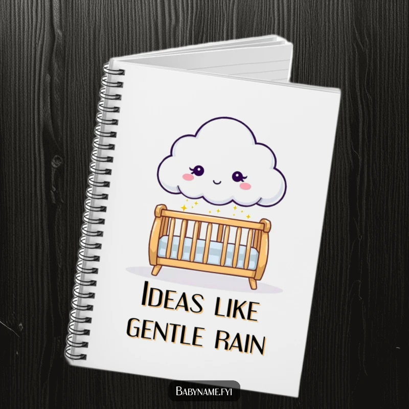 Funny playful cloud character sprinkling gentle sparkles downward onto a crib, illustrated on a notebook cover for journaling or notes.