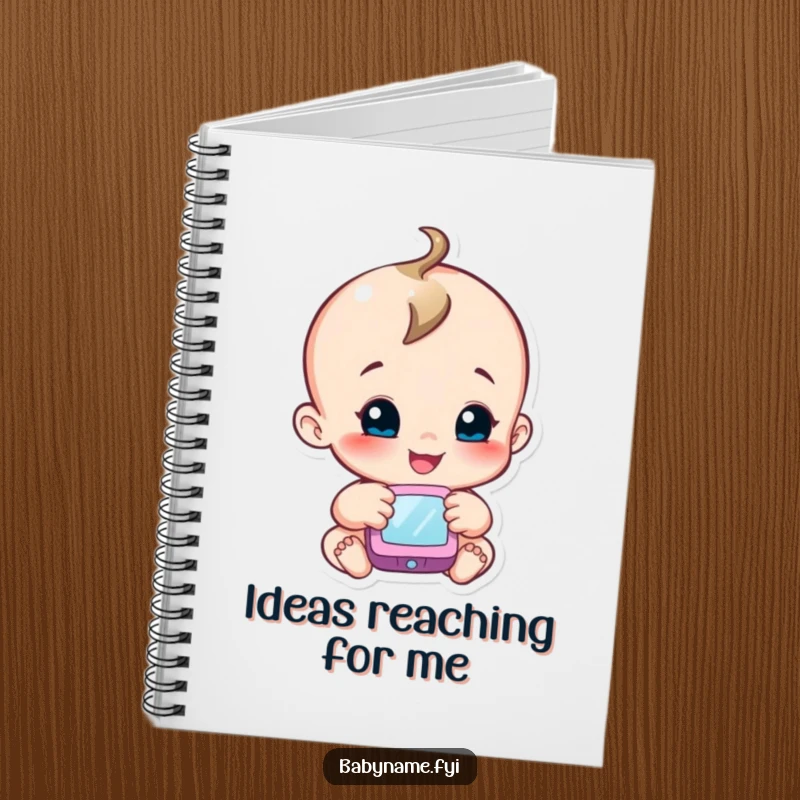 Funny notebook with a smiling baby character reaching for a mobile, perfect for jotting down notes or discoveries.