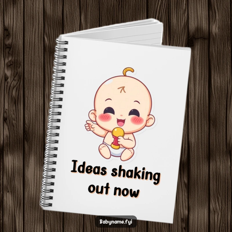 Funny notebook with a cheerful baby character playing with a rattle, perfect for jotting down notes or happy thoughts.