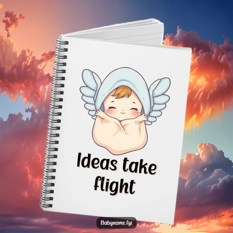 Funny baby blanket notebook cover featuring a cute blanket flapping like wings, a humorous and practical item for note-taking.