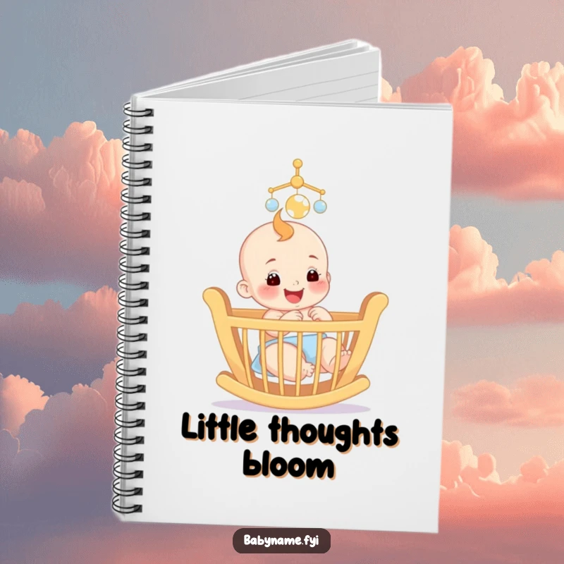 Funny notebook featuring a smiling baby reaching for a colorful mobile above a crib, inspiring memory keeping.