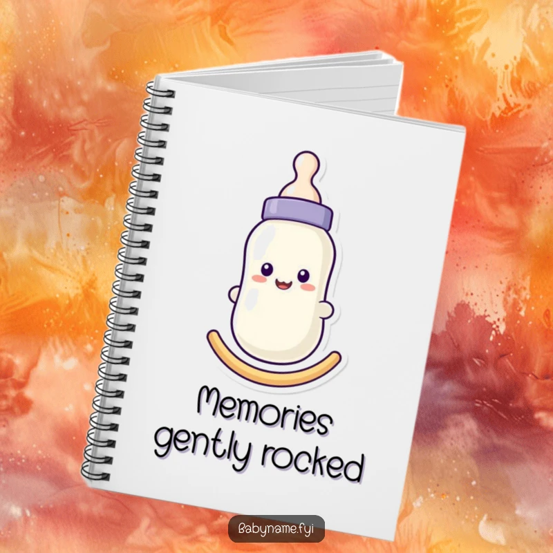 Funny baby bottle notebook with a smiling face, gently rocking, designed for parents to journal their little one's milestones.
