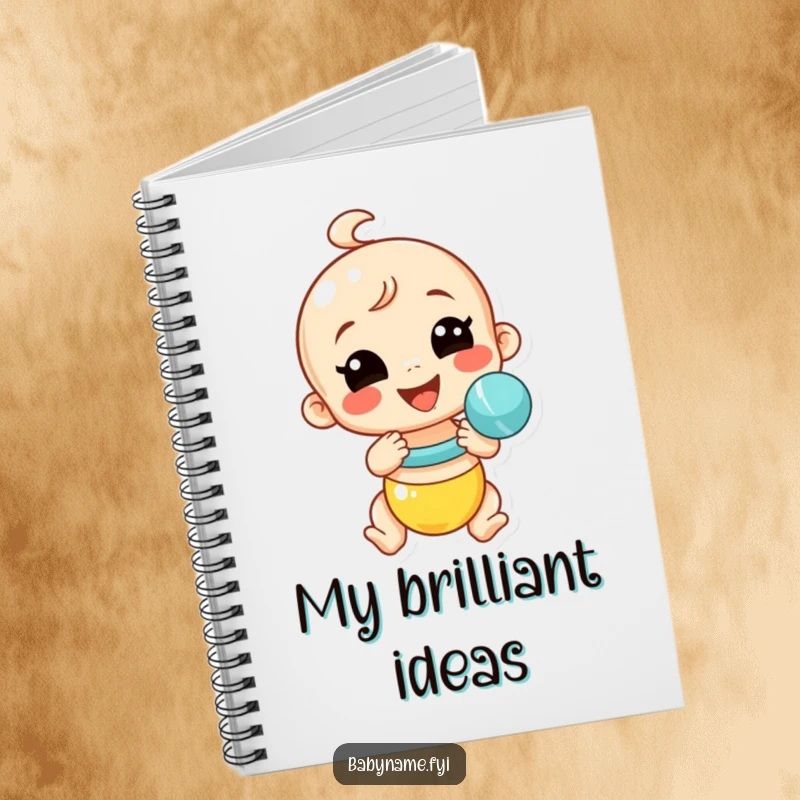 Funny baby rattle notebook cover featuring a smiling rattle shaking energetically, a humorous and practical item for note-taking.