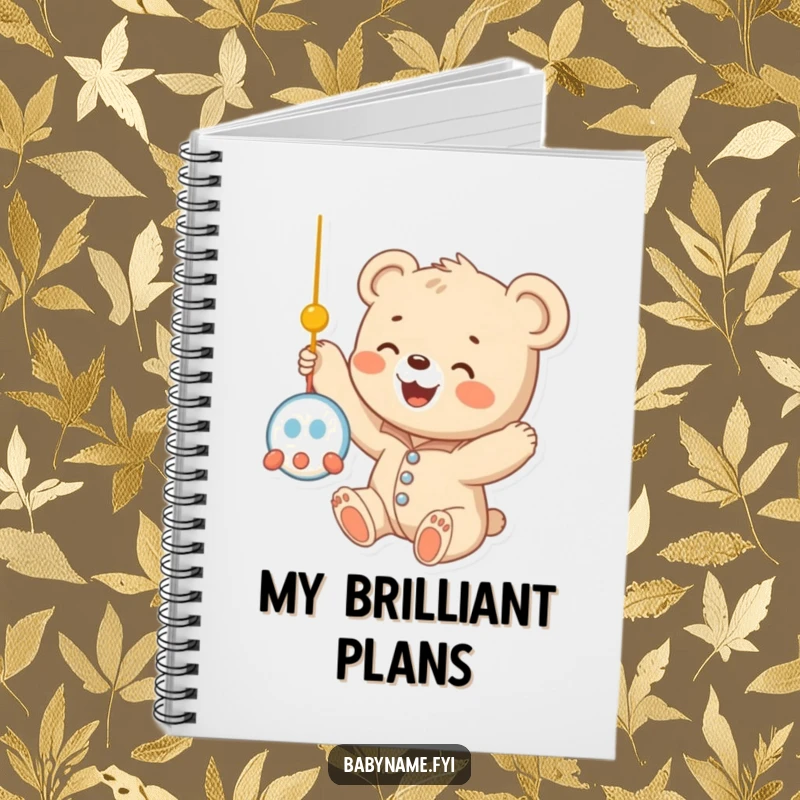 Funny baby bear cub in a onesie, reaching for a mobile, with a determined yet sweet expression, perfect for jotting down funny thoughts in this notebook.