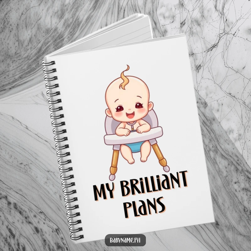 Funny Happy Baby Notebook with a cute baby sitting happily in a cozy high chair, perfect for jotting down sweet memories.