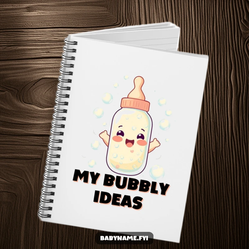 Funny baby bottle notebook cover featuring a bottle overflowing with cheerful bubbles, a humorous and practical item for note-taking.