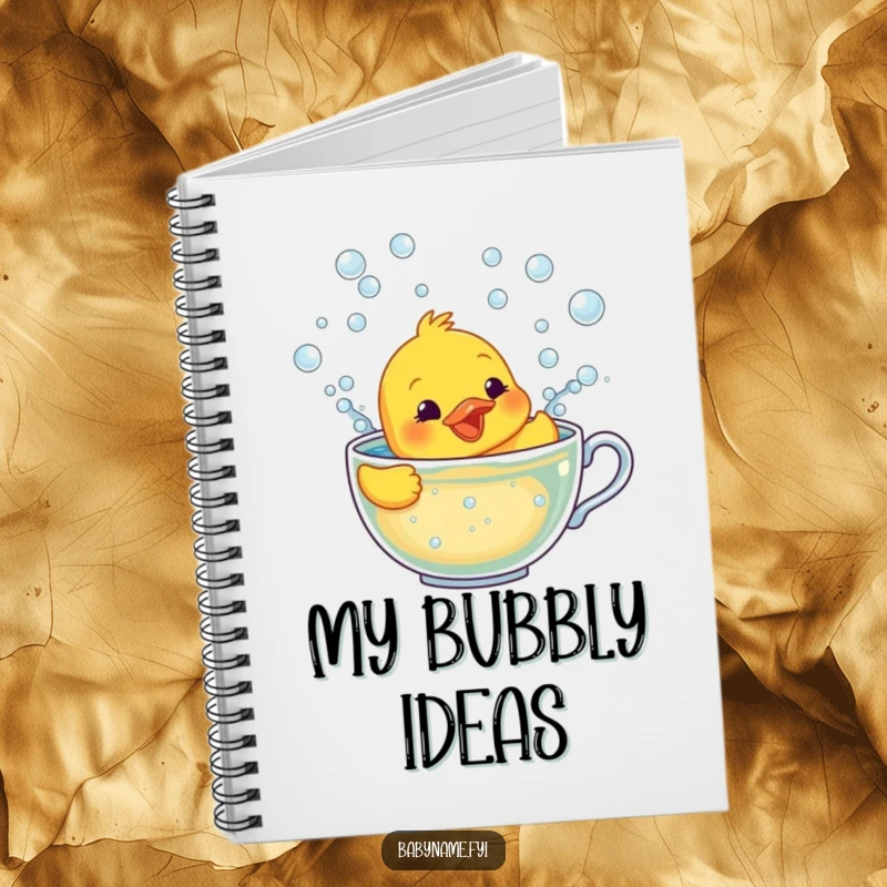 Funny notebook featuring a smiling rubber ducky character frantically swimming in a teacup filled with bubbles.