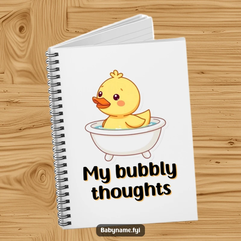 Funny happy duckling notebook, bobbing in a tiny bathtub, ideal for journaling and note-taking.