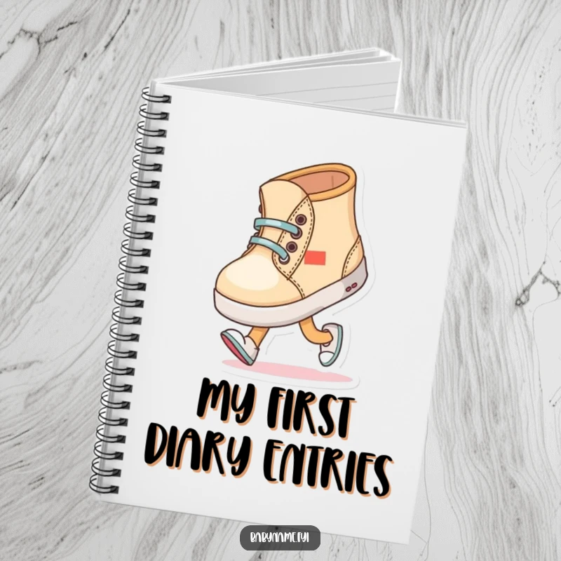 Funny baby shoe character comically trying to walk with wobbly steps, illustrated on a notebook cover for parenting notes.