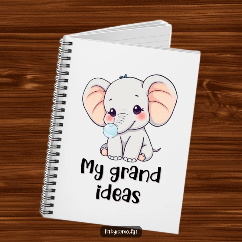 Funny kawaii baby elephant with oversized ears, blowing a tiny bubble, perfect for doodling or writing funny thoughts in this notebook.
