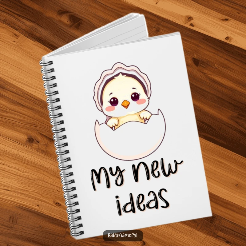 Funny Baby Bird Notebook featuring a cute baby bird in a bonnet peeking from an egg, ideal for jotting down thoughts and inspiration.