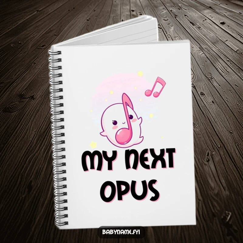 Funny lullaby musical note notebook, depicted floating gently upward, perfect for jotting down sweet, humorous ideas.