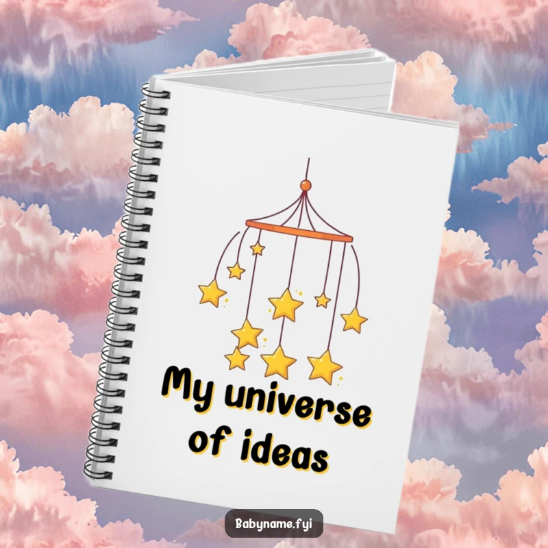 Funny curious mobile notebook, with hanging stars spinning slowly, ideal for journaling and sketching.