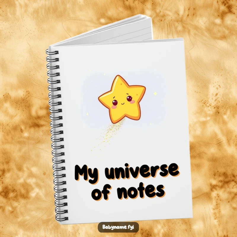 Funny star character leaving a sparkling trail of glitter across a dark sky, illustrated on a notebook cover for celestial journaling.