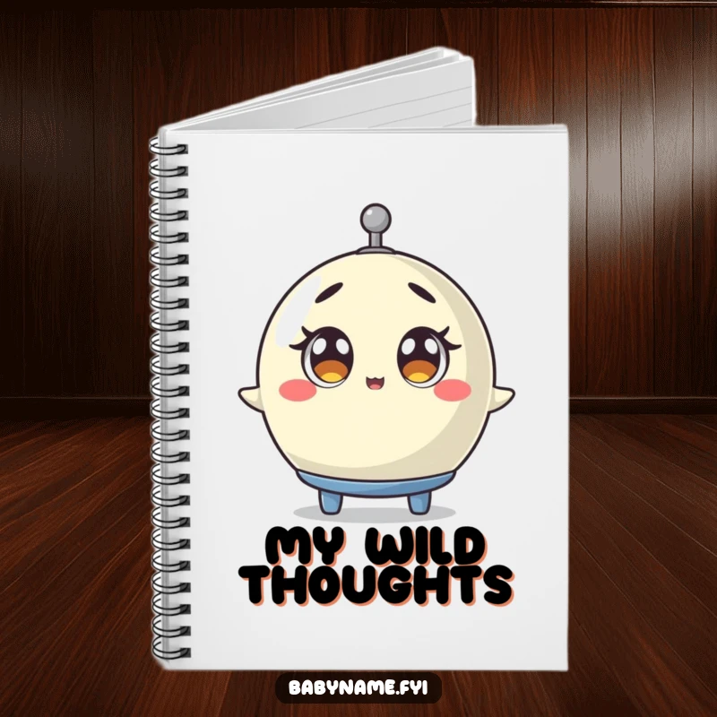 Funny baby mobile notebook cover featuring a mobile spinning with wide, surprised eyes, a humorous and practical item for note-taking.