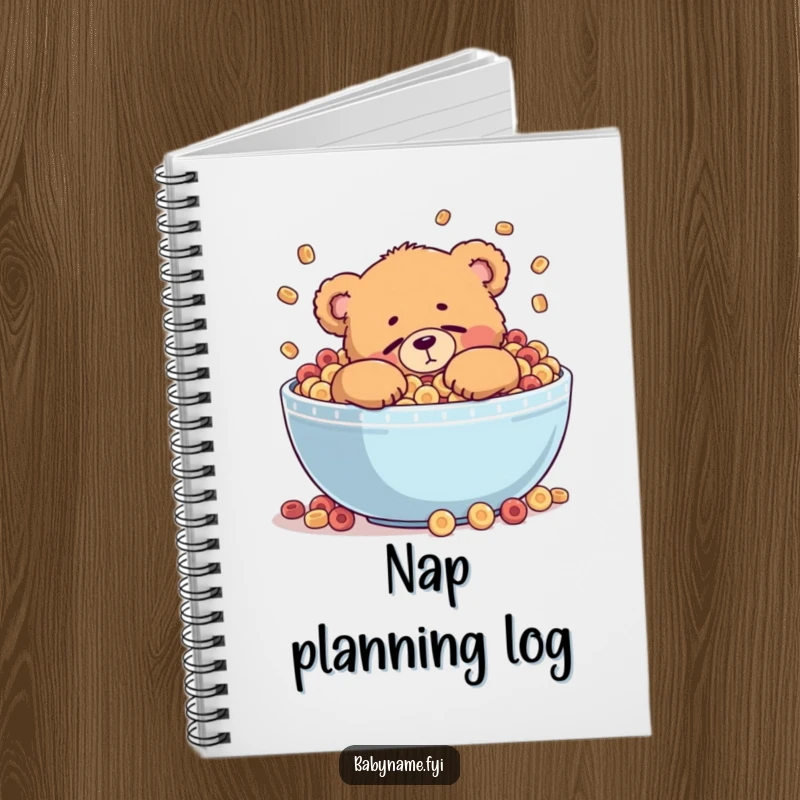 Funny notebook featuring a chubby teddy bear character attempting to sleep inside a giant, overflowing bowl of cereal.