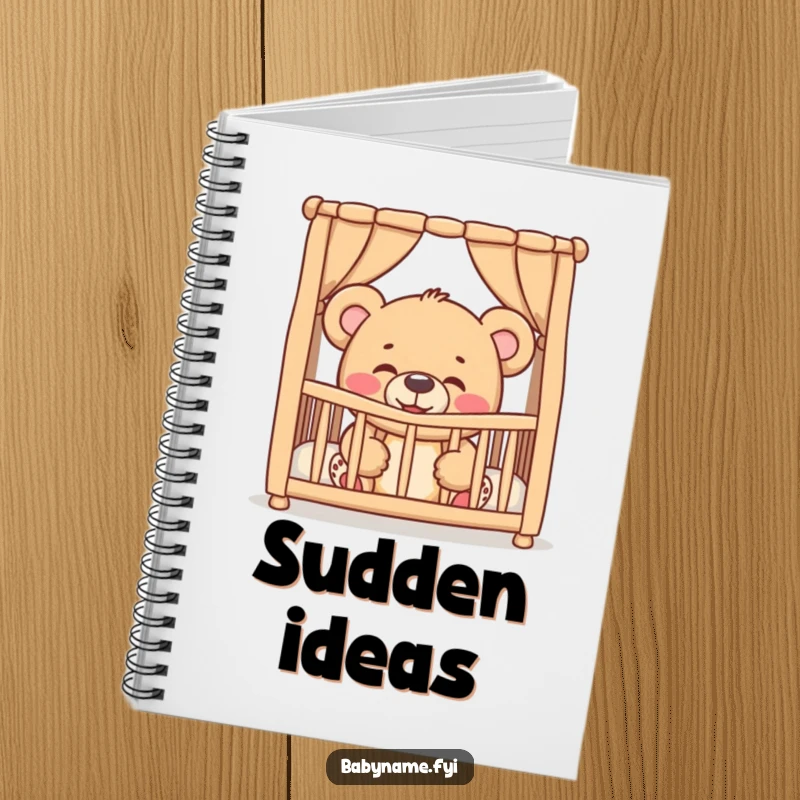 Funny giggling teddy bear peeking from a crib, featured on a notebook cover, designed for note-taking with adorable humor.